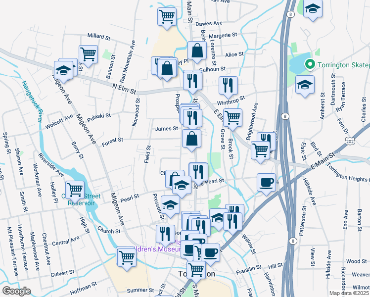 map of restaurants, bars, coffee shops, grocery stores, and more near 516 Prospect Street in Torrington