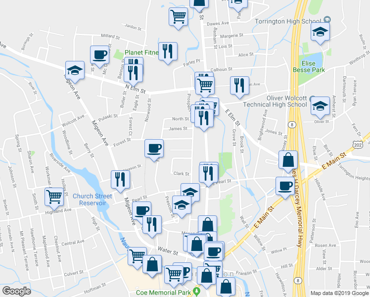 map of restaurants, bars, coffee shops, grocery stores, and more near 29 Whiting Avenue in Torrington