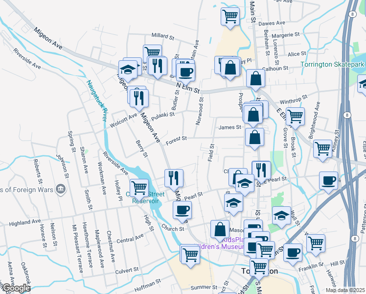 map of restaurants, bars, coffee shops, grocery stores, and more near 215 Forest Street in Torrington