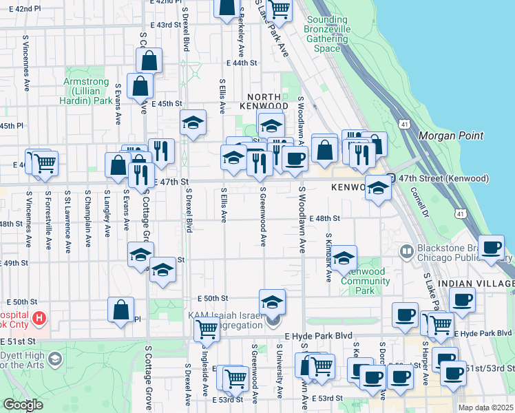 map of restaurants, bars, coffee shops, grocery stores, and more near 1042 East 48th Street in Chicago