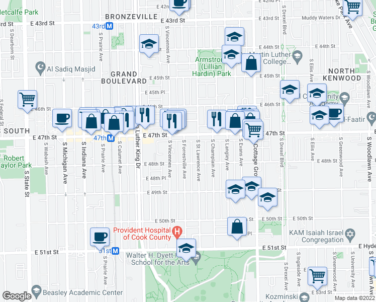 map of restaurants, bars, coffee shops, grocery stores, and more near 4751 South Forrestville Avenue in Chicago