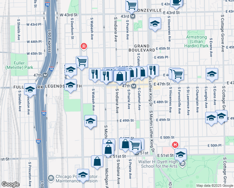 map of restaurants, bars, coffee shops, grocery stores, and more near 4749 South Indiana Avenue in Chicago
