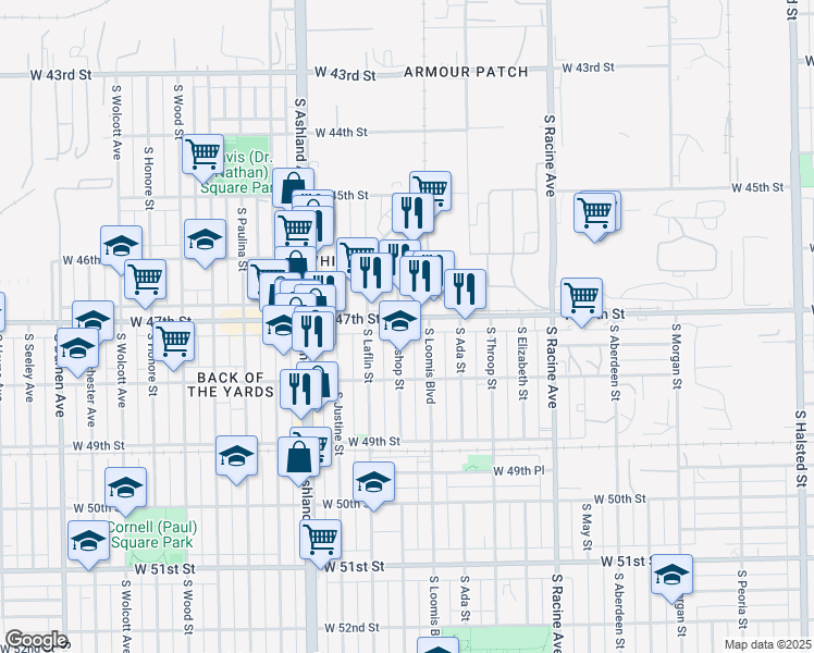 map of restaurants, bars, coffee shops, grocery stores, and more near 4722 South Bishop Street in Chicago