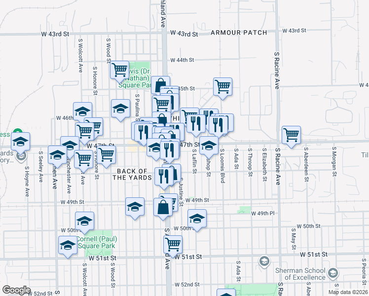 map of restaurants, bars, coffee shops, grocery stores, and more near 4720 South Laflin Street in Chicago