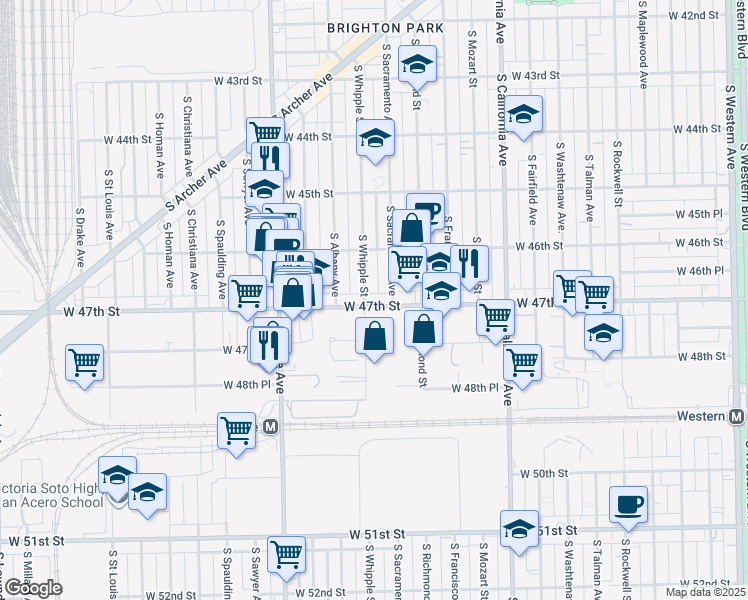 map of restaurants, bars, coffee shops, grocery stores, and more near 3035 West 47th Street in Chicago