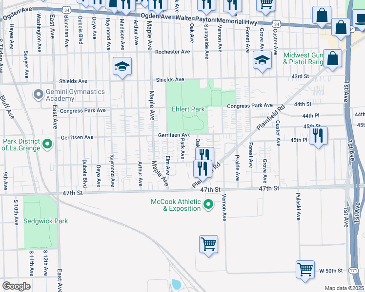 map of restaurants, bars, coffee shops, grocery stores, and more near 4528 Park Avenue in Brookfield
