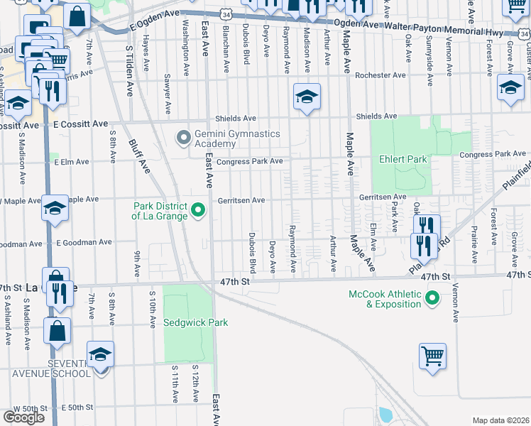 map of restaurants, bars, coffee shops, grocery stores, and more near 4527 Dubois Boulevard in Brookfield