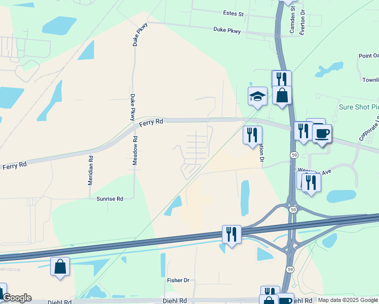 map of restaurants, bars, coffee shops, grocery stores, and more near 2224 West Ferry Road in Naperville