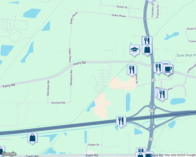 map of restaurants, bars, coffee shops, grocery stores, and more near 2224 West Ferry Road in Naperville