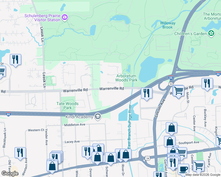 map of restaurants, bars, coffee shops, grocery stores, and more near Warrenville Road in Lisle