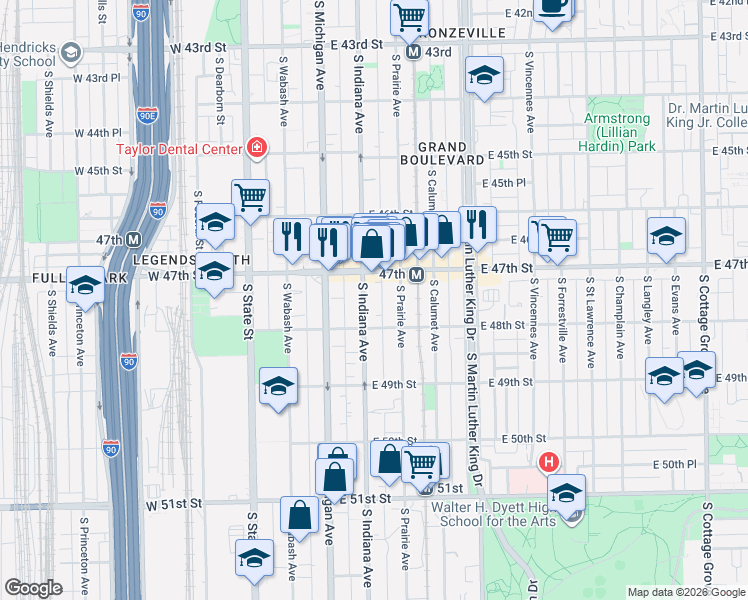 map of restaurants, bars, coffee shops, grocery stores, and more near 4749 South Indiana Avenue in Chicago