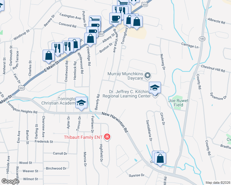 map of restaurants, bars, coffee shops, grocery stores, and more near 90 Torringford West Street in Torrington