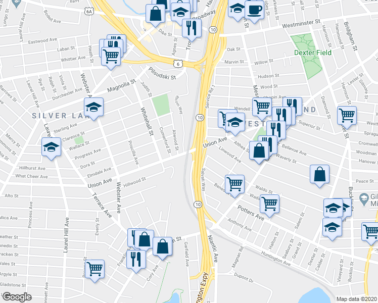 map of restaurants, bars, coffee shops, grocery stores, and more near 175 Union Avenue in Providence