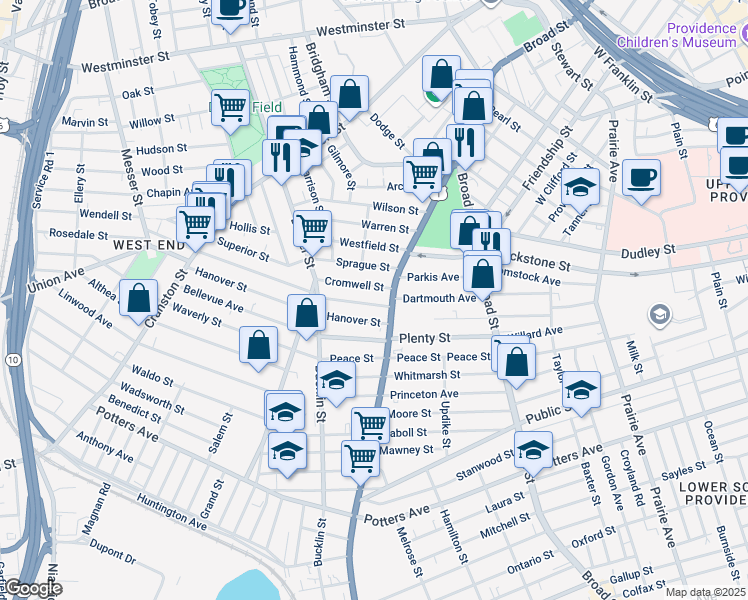 map of restaurants, bars, coffee shops, grocery stores, and more near 15 Woodman Street in Providence