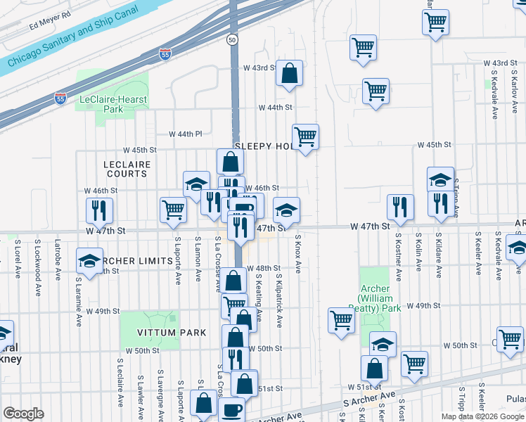 map of restaurants, bars, coffee shops, grocery stores, and more near 4704 West 47th Street in Chicago