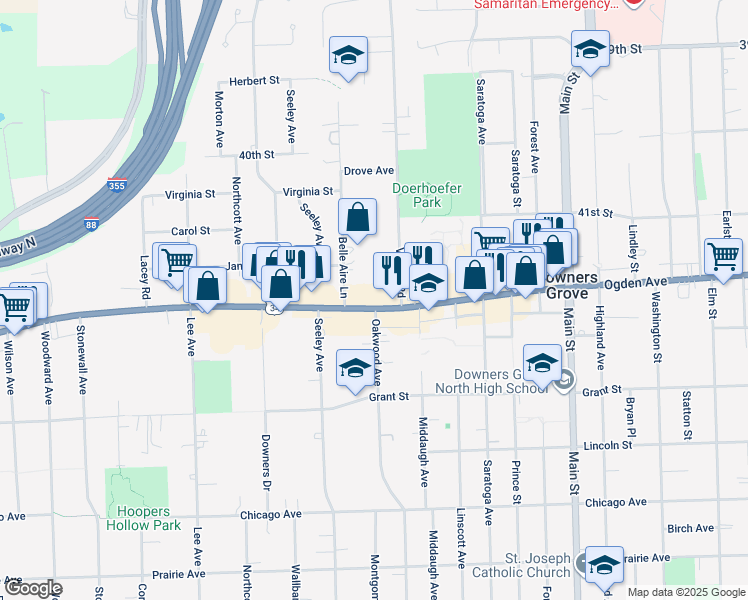 map of restaurants, bars, coffee shops, grocery stores, and more near 1407 U.S. 34 in Downers Grove