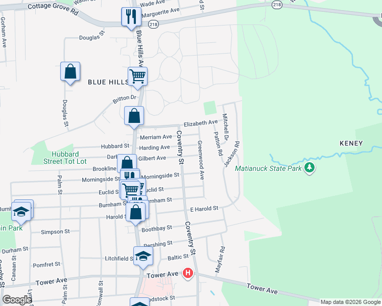 map of restaurants, bars, coffee shops, grocery stores, and more near 52 Gilbert Avenue in Bloomfield
