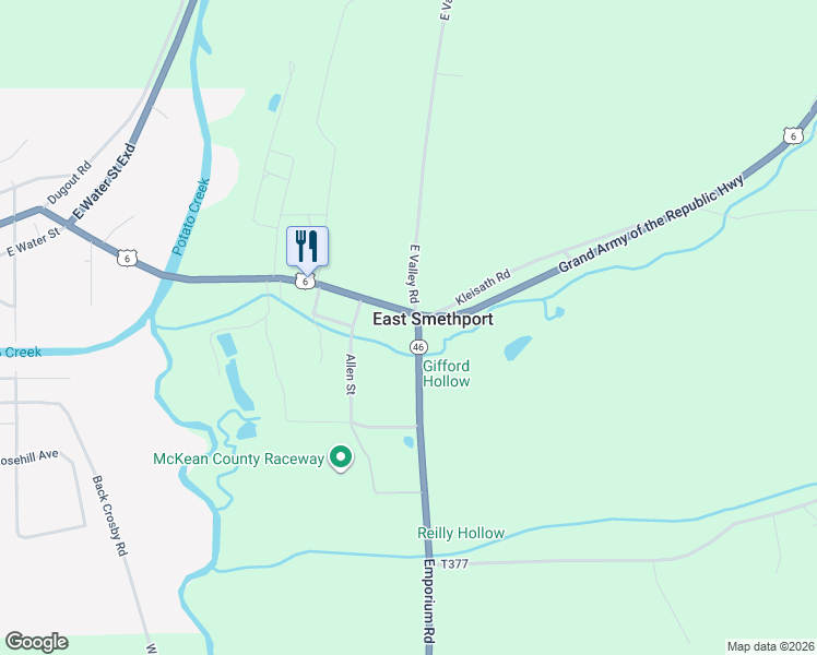 map of restaurants, bars, coffee shops, grocery stores, and more near 7076 Pennsylvania 46 in Smethport