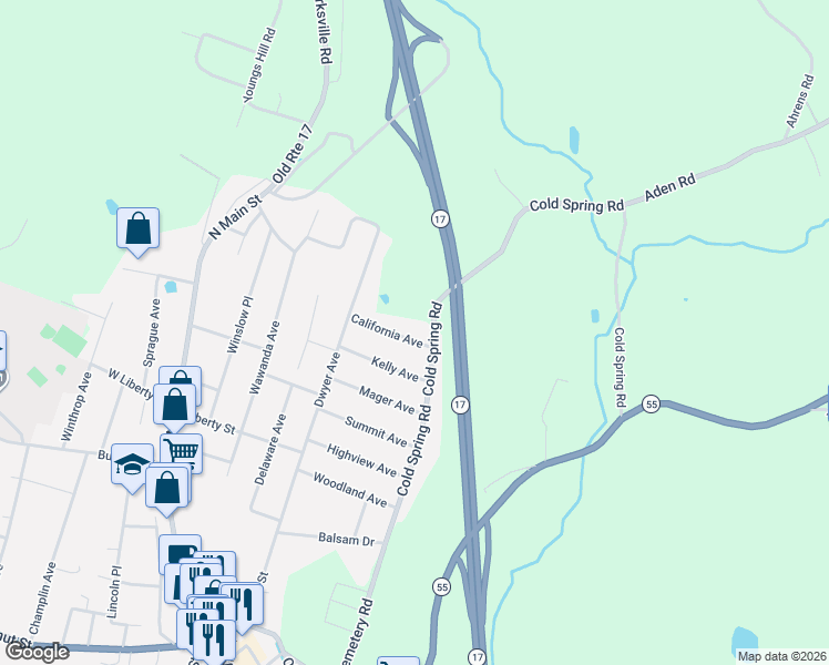 map of restaurants, bars, coffee shops, grocery stores, and more near 103 Cold Spring Road in Liberty