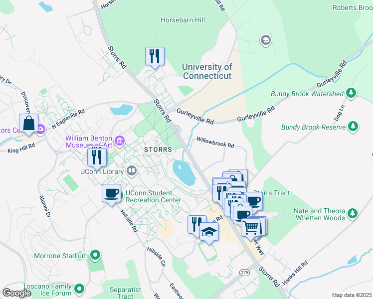 map of restaurants, bars, coffee shops, grocery stores, and more near Storrs Road in Mansfield
