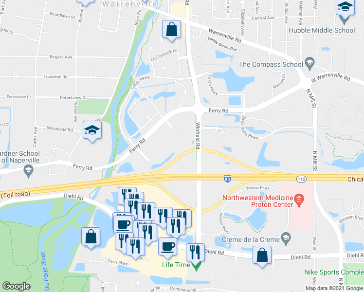map of restaurants, bars, coffee shops, grocery stores, and more near 4320 Winfield Road in Warrenville