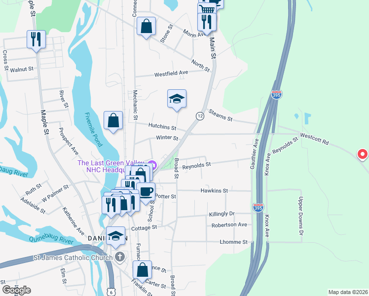 map of restaurants, bars, coffee shops, grocery stores, and more near 162 Coomer Hill Road in Killingly