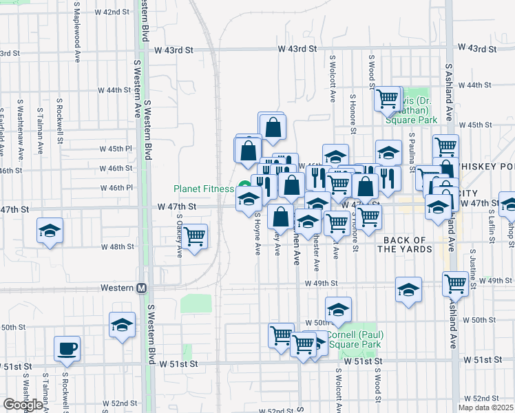 map of restaurants, bars, coffee shops, grocery stores, and more near 4700 South Hoyne Avenue in Chicago