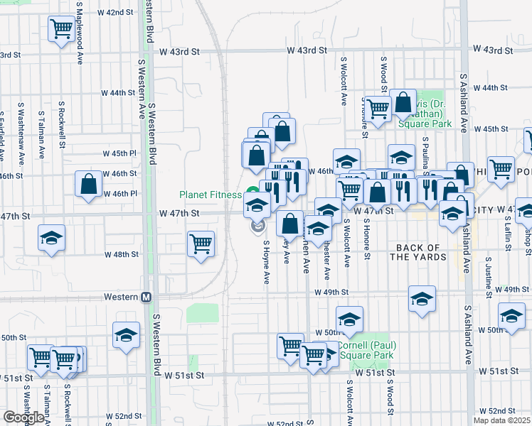 map of restaurants, bars, coffee shops, grocery stores, and more near 4700 South Hoyne Avenue in Chicago
