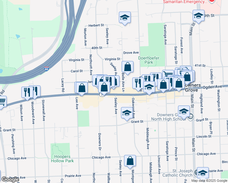 map of restaurants, bars, coffee shops, grocery stores, and more near 1512 Ogden Avenue in Downers Grove
