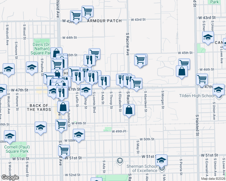 map of restaurants, bars, coffee shops, grocery stores, and more near 4218 South Elizabeth Street in Chicago