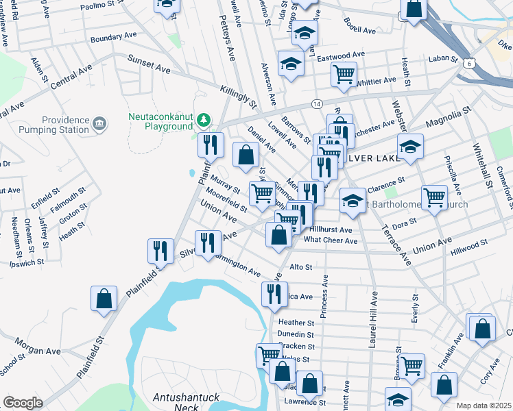 map of restaurants, bars, coffee shops, grocery stores, and more near 90 Moorefield Street in Providence