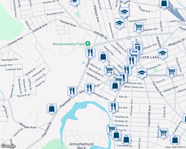 map of restaurants, bars, coffee shops, grocery stores, and more near 684 Union Avenue in Providence