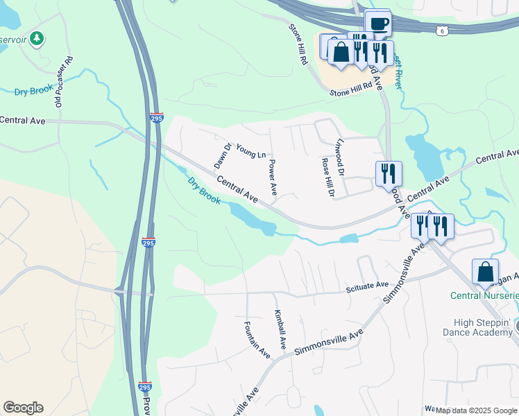 map of restaurants, bars, coffee shops, grocery stores, and more near 512 Central Avenue in Johnston