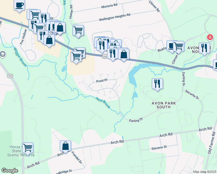 map of restaurants, bars, coffee shops, grocery stores, and more near 11 Laurel Lane in Avon