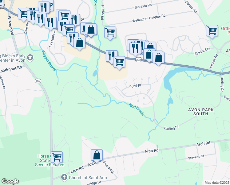 map of restaurants, bars, coffee shops, grocery stores, and more near 3 Highland Square in Avon