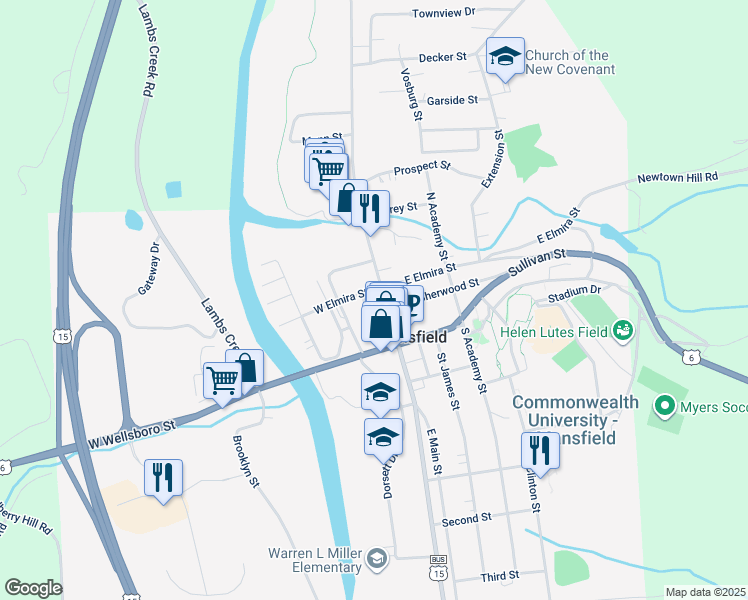 map of restaurants, bars, coffee shops, grocery stores, and more near 35 North Main Street in Mansfield