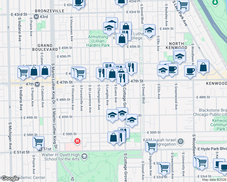 map of restaurants, bars, coffee shops, grocery stores, and more near 4732 South Evans Avenue in Chicago