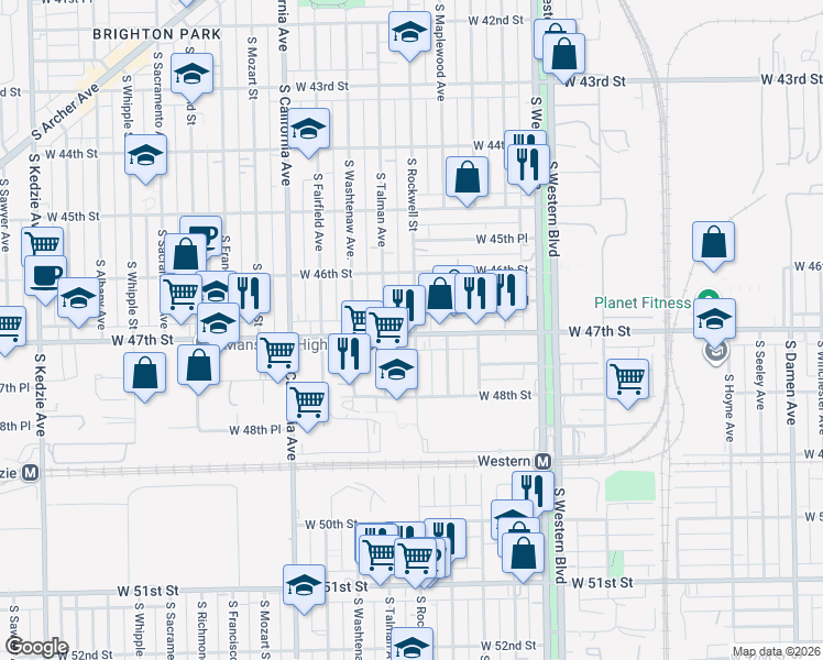 map of restaurants, bars, coffee shops, grocery stores, and more near 2617 West 47th Street in Chicago