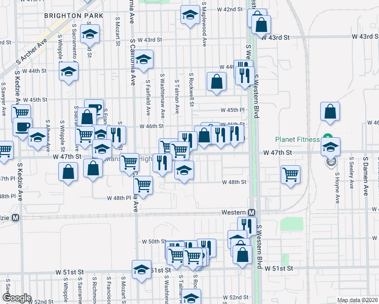 map of restaurants, bars, coffee shops, grocery stores, and more near 2617 West 47th Street in Chicago