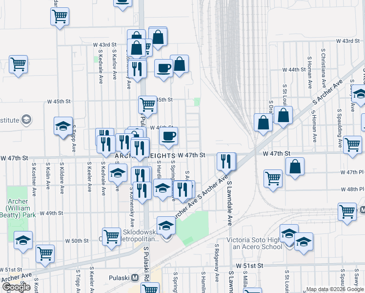 map of restaurants, bars, coffee shops, grocery stores, and more near 3834 West 47th Street in Chicago