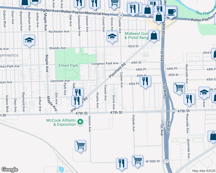 map of restaurants, bars, coffee shops, grocery stores, and more near 4514 Grove Avenue in Brookfield