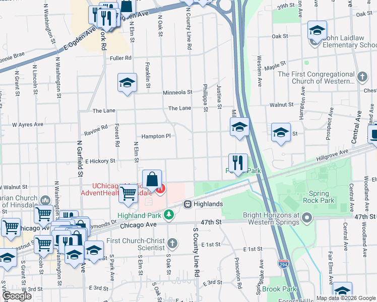 map of restaurants, bars, coffee shops, grocery stores, and more near 236 North County Line Road in Hinsdale