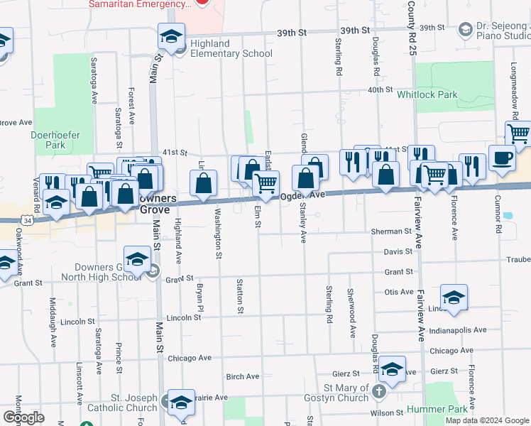 map of restaurants, bars, coffee shops, grocery stores, and more near 4335 Elm Street in Downers Grove