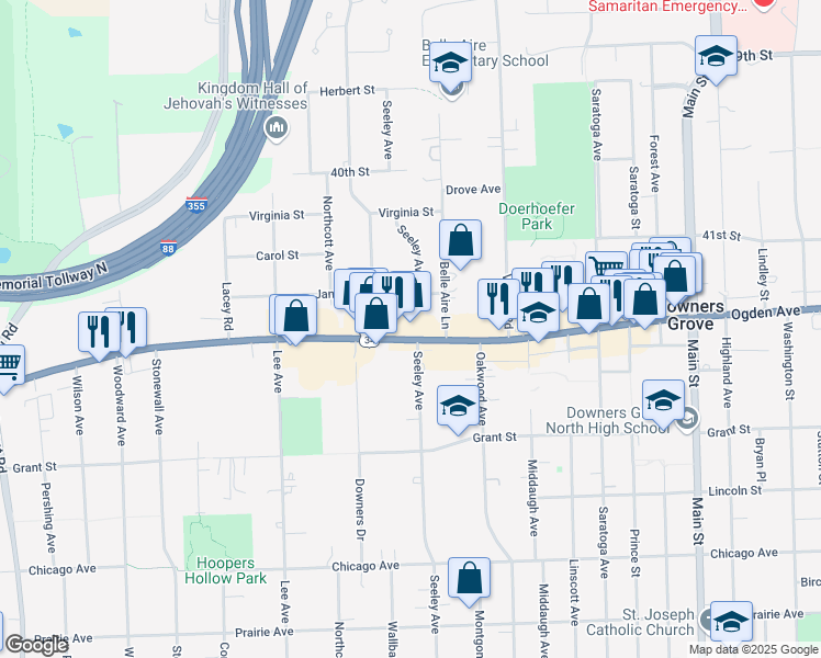 map of restaurants, bars, coffee shops, grocery stores, and more near 1445 Ogden Avenue in Downers Grove