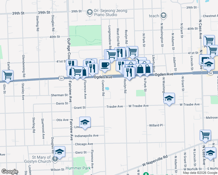 map of restaurants, bars, coffee shops, grocery stores, and more near 521 Cumnor Road in Westmont