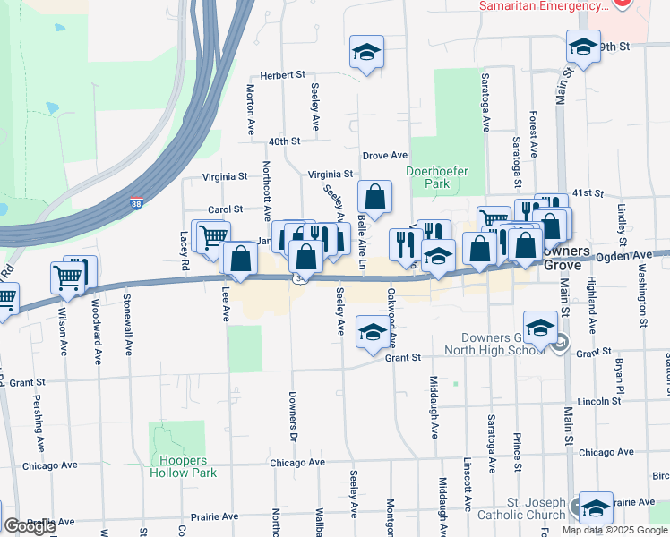 map of restaurants, bars, coffee shops, grocery stores, and more near 1512 Ogden Avenue in Downers Grove