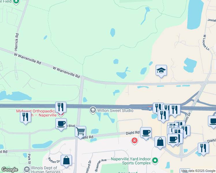 map of restaurants, bars, coffee shops, grocery stores, and more near 1995 Yellowstone Drive in Naperville