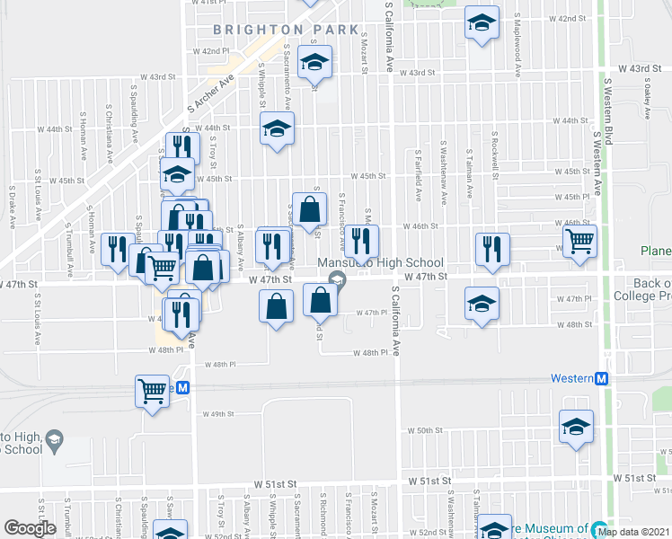 map of restaurants, bars, coffee shops, grocery stores, and more near 2916 West 47th Street in Chicago