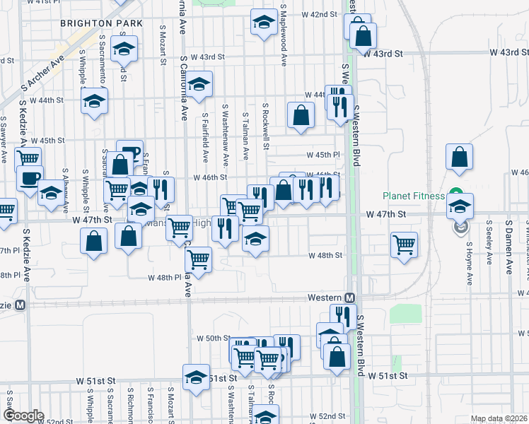 map of restaurants, bars, coffee shops, grocery stores, and more near 2617 West 47th Street in Chicago