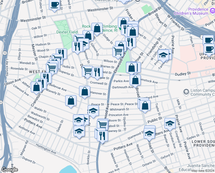 map of restaurants, bars, coffee shops, grocery stores, and more near 163 Elmwood Avenue in Providence
